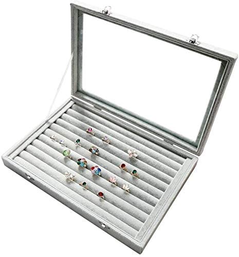 Image of KRISHYAM Rings /Earrings Organizer 10 Slots Velvet Drawer Jewelry Storage Box with Transparent Glass Lid Jewelry Display Case Store Showcase Box Gifts for Girls Women