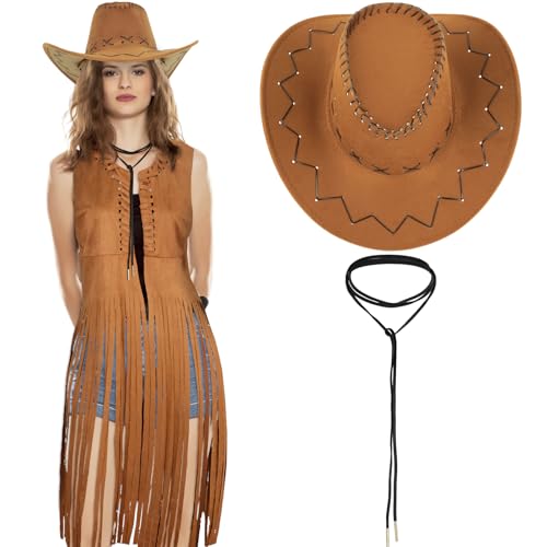 Women Fringe Vest 70s Western Cowgirl Outfits Vest Top Hippie Sleeveless Tassel Jacket with CowboyHat and Necklace