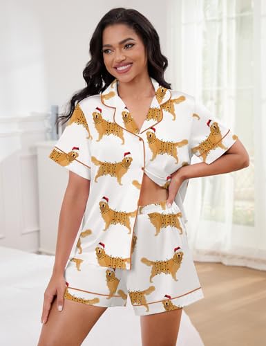 Image of SHESHOW Satin Pajamas for Women Set Preppy Animals Pjs Short Sleeve Shorts 2 Piece Loungewear Sets XS-XXL