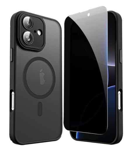 FATUOQIA Privacy Case for iPhone 16 Plus,Magnetic iPhone 16Plus Phone Case with Privacy Screen Protector X2 & Camera Protector [Compatible with MagSafe],Translucent Matte Shockproof Cover-Black
