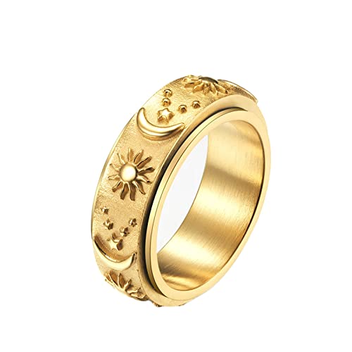 Epinki 8MM Anillo de Hombres, Anillo Giratorio Estrella Luna Sol Oro Anillo Antiestres de Acero Inoxidable Talla 17 Cover