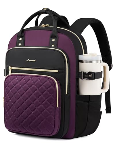 Image of LOVEVOOK Laptop Backpack for Women with Giant Tumbler Holder Pocket, 15.6 Inch Water Resistant Lightweight Daypacks for College Work Business, Nurse Teacher Computer Bags, Purple Black