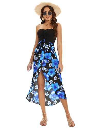 Image of Women's Beach Dress Summer Maxi Sundress Strapless Hawaiian Cover Ups Asymmetrical Wrap Dresses