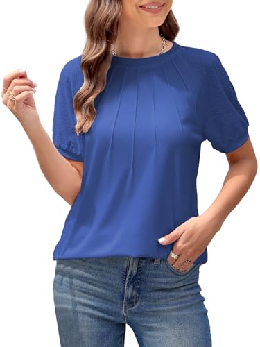 ZANZEA Womens Summer Tops Puff Blouses Women Dressy Casual Crew Neck Short Sleeve Shirts Women Pleated Tunic Loose T-Shirts Blue Small