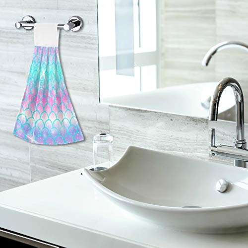 Kocoart Mermaid Galaxy Scales Kitchen Hand Towels Glitter Blue Purple Hanging Towel Dishcloths With Loop 2Pcs, Soft Super Absorbent Fingertip Towel For Bathroom Washroom Guestroom Hotel 12X17 In #TOP5