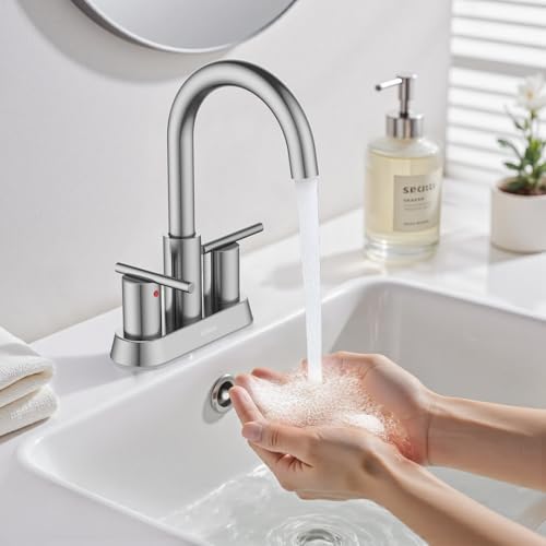 Hurran 4 Inch Bathroom Faucet for Sink 3 Hole, Brushed Nickel Bathroom Faucet with Pop-up Drain and 2 Supply Hoses,Stainless Steel Lead-Free 2-Handle Centerset Faucet for Sink Vanity RV by Hurran - Used condition - Image 6