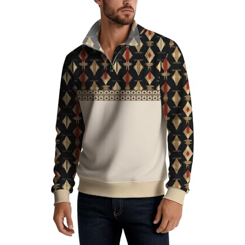 Mens Cotton Blend Casual Half Zip Long Sleeve Hoodie Casual Ethnic Geometric Fashion Multi-Color Autumn Sweatshirt