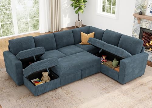 Image of HONBAY Modular Sectional Sleeper Sofa, Corduroy Sleeper Pull-Out Bed Couch with Storage, U Shaped Sectional Couches for Living Room, Blue