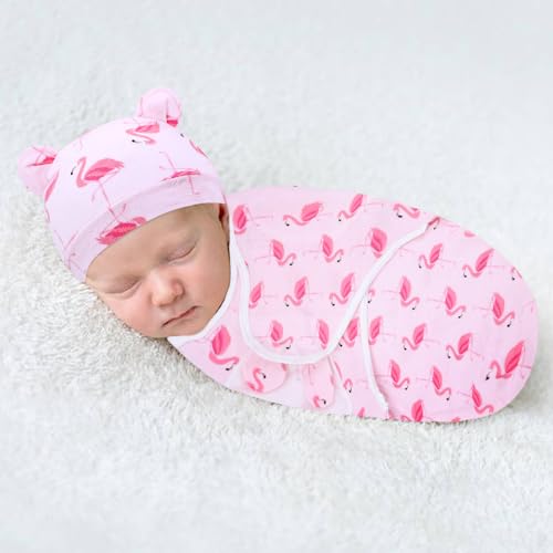 Image of Cinaci 2 Pieces Adjustable Soft Cotton Baby Swaddle Sleep Sacks Hats Newborn Nursery Caps Beanies Bonnets Swaddle Blanket Wraps for Baby Girls Boys Infants Newborns (2PCS S3)