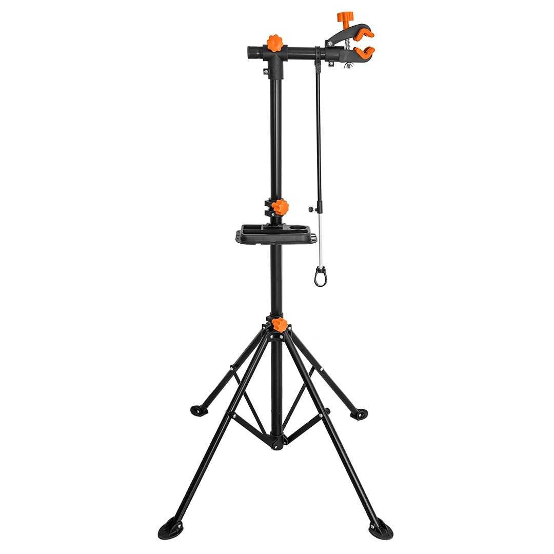 NEO TOOLS Stojak serwisowy do roweru, maksymalne obciążenie: 30 kg, półka na narzędzia, regulacja wysokości i odległości nóg za pomocą pokręteł, w zestawie drążek teleskopowy do usztywnienia
