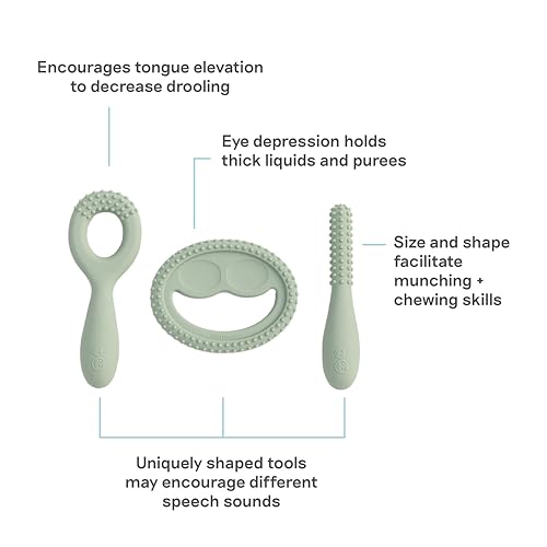 Image of ezpz Oral Development Tools (3 Pack in Sage) - 3 Months+ - Non-Slip Loop, Smile and Stick 100% Silicone Tools - Prepare for Chewing + Solids - Baby-Led Weaning Supplies