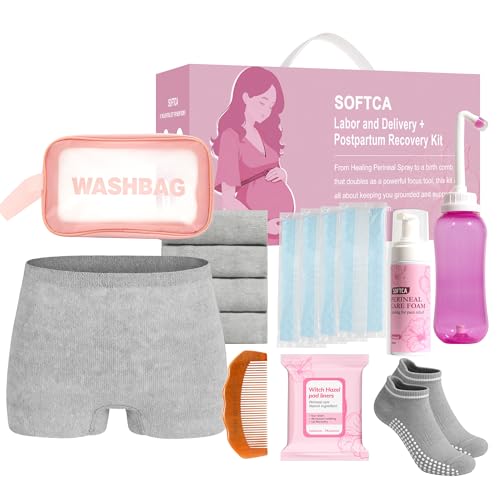 Image of Postpartum Recovery Essentials Kit - Birth Comb,Peri Bottle,Disposable Postpartum Underwear,Perineal Healing Foam,Instant Ice Pads,Cooling Pad Liners,Socks,Canvas Bag,Postpartum Kit Gift Set
