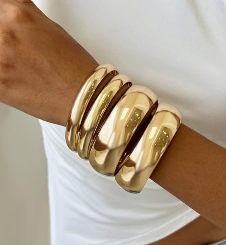 Image of Chunky Gold Bangle Bracelets for Women, Dainty 14k Gold Plated Big Stackable Bangles Set, Trendy Statement Cuff Bracelet Stack Fashion Jewelry Gifts