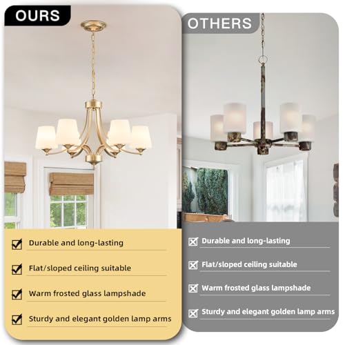 Image of 6-Light Modern Gold Chandeliers for Dining Room 47.2'' Adjustable Height Farmhouse Pendant Light with Frosted Glass Shades,Gold Round Chandeliers Hanging Lamp for Kitchen Island Dining Table Entryway