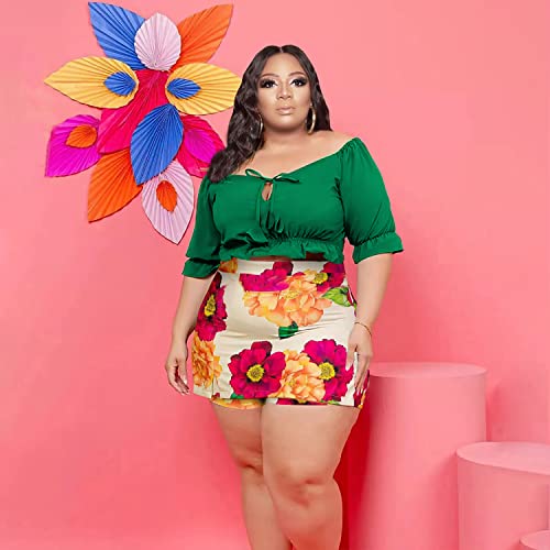Image of Women Plus Size Skirt Two Piece Outfit Short Sleeve Off The Shoulder Crop Top shorts Dress Suit Set