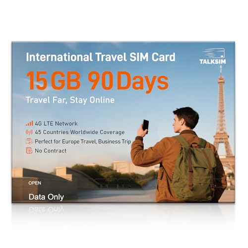 International Data SIM Card 15GB 90 Days, 4G LTE Travel SIM Card Supported 45 Countries...