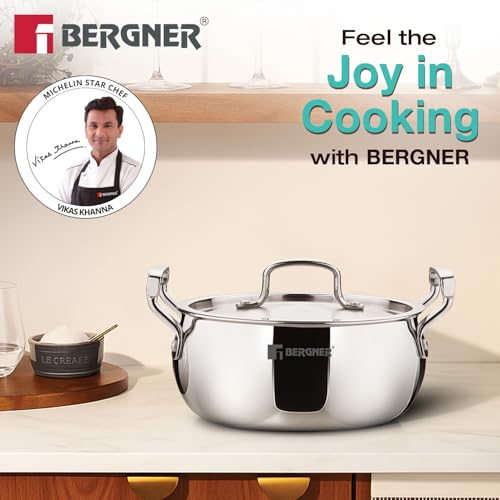 Image of Bergner TriPro Triply Stainless Steel 20cm (3.1L) Belly Shape Casserole /Biryani Handi with Stainless Steel Lid, Consumes Less Oil, Healthy Cooking, Even Heating - Induction and Gas Stove Ready