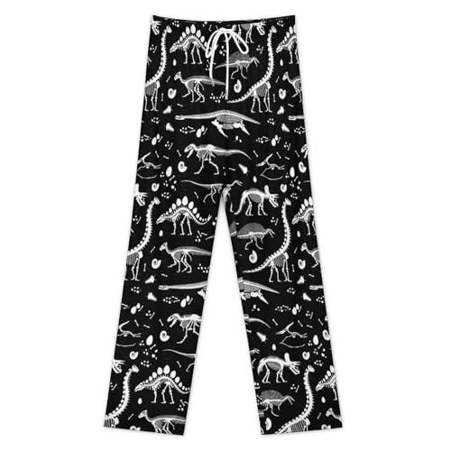 Black White Dinosaur Skeleton Print Mens Pajama Pants Wide Leg Sleep Drawstring Sleepwear Casual Loungewear2