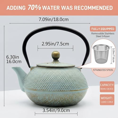 SECHUDO 30.4oz Small Cast Iron Teapot, Tea Kettle for Stovetop Safe, Tea Pot with Stainless Steel Infuser for Loose Tea, Japanese Tetsubin Coated with Enameled Interior(900ml) by SECHUDO - Used condition - Image 8