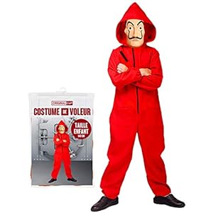 Disfraz Completo de Ladrón de Dinero | Kit Completo de Disfraces | Traje Rojo con Capucha para Niños (6-10 años / 140cm) + Máscara Oficial de Dalí | Fiesta | Ladrón | OriginalCup®