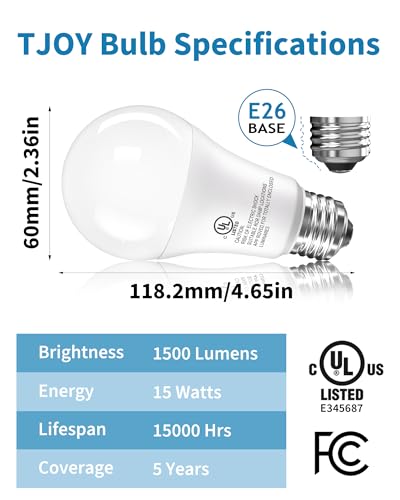 Image of TJOY LED Light Bulbs, 100 Watt Equivalent A19, Daylight Bright White 5000K | 10 Pack 15W Bright White Energy Saving, E26 Standard Base, 1500 Lumens Non Dimmable Lamp for Home Bedroom Indoor