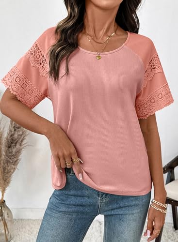 Image of EVALESS Womens Summer Tops Dressy Casual Spring Ribbed Texture Embroidery Short Sleeve Crewneck T Shirts