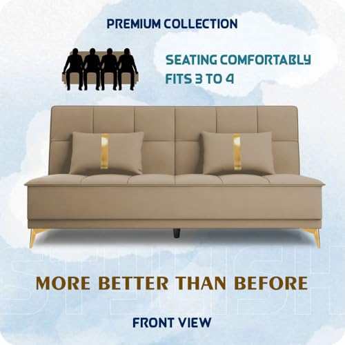 Image of Adorn India Premium New Alyssum 3 Seater Sofa Cum Bed 4X6 Velvet Suede with 2 Cushions (Color Beige) and Suitable for All Indoor, with 3 Years Warranty