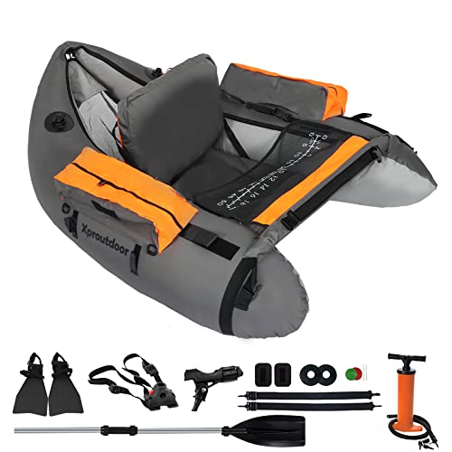 Xproutdoor Fishing Float Tube with Adjustable Backpack Straps, Storage Pockets, Fish Ruler, Fly Fishing Boat with Pump, Oar, Rod Holder and Mount, Fins, 350LBS Load Bearing Capacity, FT003,Grey