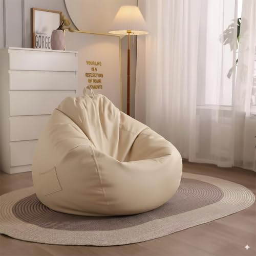 Image of 4XL Leatherette Bean Bag Chair with Footrest & Cushion with Beans Filled (Ready to Use) Color- (Cream, Bean Bag Only)