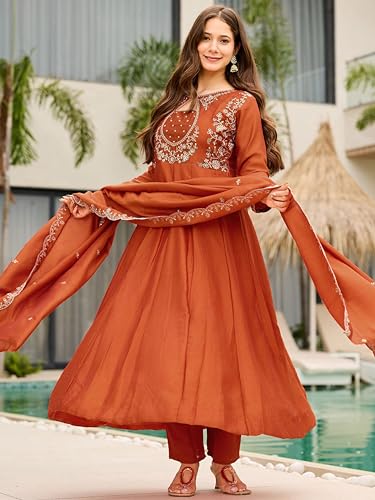 Image of Silk Anarkali Kurta Set, Rust Orange, Embroidered, 3-Piece with Dupatta, Women's Festive Wedding Ethnic Wear.
