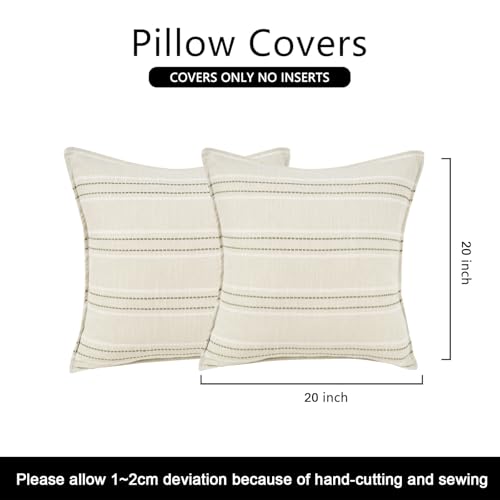 20X20 Decorative Farmhouse Linen Throw Pillow Covers, Boho Textured Pillow Case Set of 2 ,Beige with White & Gray Stitch Yarn Dyed Stripe Cushion Cover ,Modern Accent Square Pillowcase for Sofa Couch — view 6