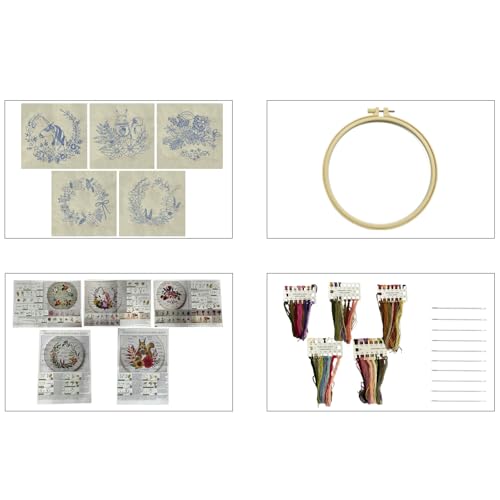 Image of GOGLAM Embroidery Kit for Beginners, 5 Set Embroidery Starter Kit Flowers for Adults, DIY Punch Needle Kit with Flower Wreath Animal Pattern, Hoop, Needle, Hand Embroidery Kit