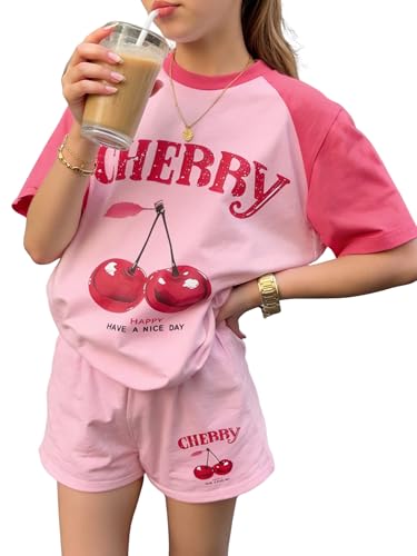 Image of KIDLAGA Girls Two Piece Sets Cherry Pattern Short Sleeve Shirts and Shorts Set With Pockets Girls Summer Outfits Size 7-14
