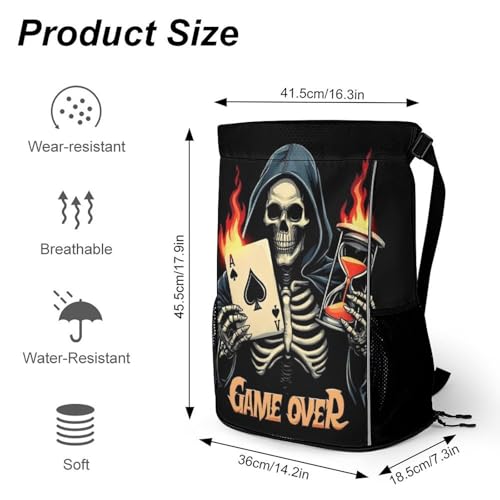 Women's Lightweight Pull String Sport Bag, Breathable Skeleton Skull Spades Ace Game over Drawstring Backpack for Travel Gym Beach Swim2