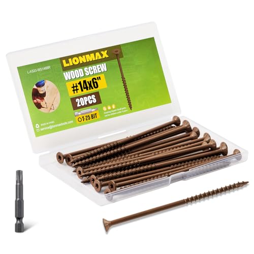 Image of LIONMAX Deck Screws #14 x 6 Inch, 20 PCS, Long Wood Screw, Rust Resistant, Exterior Epoxy Coated for Outdoor Timber Project, Torx /Star Drive Head, T30 Star Bit Included