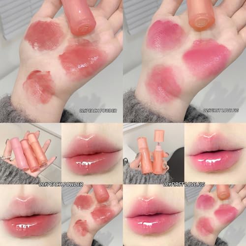 Image of Gege Bear Light Mirror Lip Glaze | Moisturizing & Long Lasting | Hydrating & Non-Sticky Shades | Liquid Lipstick with Brush Applicator | Waterproof Aesthetic Makeup | Pink Brown Nude Candy Red | Glossy Lipstick Combo Pack Set with Glow Shine Makeup for Women Girls (01# Peach Powder, 2.5g)