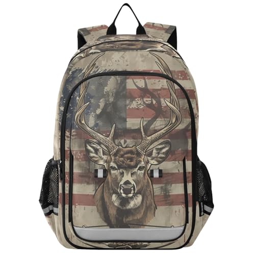 Backpack American Flag Deer Head Travel Laptop Daypack Shoulder Bag Book Bag Daypack with Reflective Strip 12.9 ×17.7 In