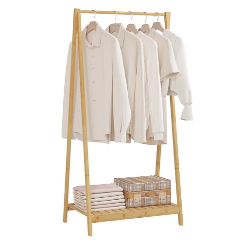 eSituro Kleiderständer aus Bambus, Garderobenständer mit Ablage, freistehende Garderobe mit Kleiderstange, für Eingangsbereich Schlafzimmer Flur, Natur