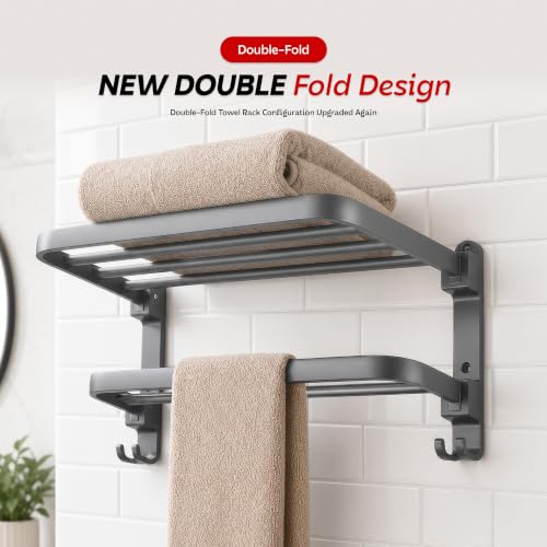 Image of Amazon Basics 40 CM Powder - Coated Aluminium Towel Rack for Bathroom with Hooks - Rust - Free, Space - Saving Bathroom Towel Holder Easy Installation Grey