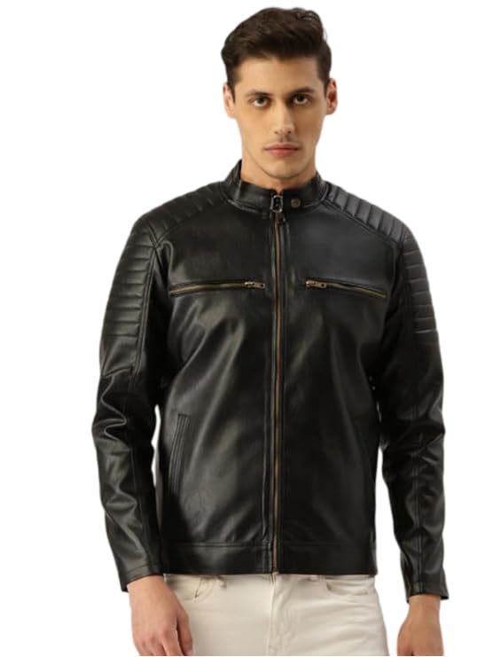 Leather Retail Men’s Faux Leather Solid Jacket (Black) LRDEBL1124