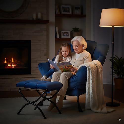 Image of LITA Lazy Chair with Ottoman, Modern Accent Leisure Upholstered Sofa Chair, Contemporary Lounge Reading Chairs with Armrests and a Side Pocket for Living Room, Bedroom & Small Space, Royal Blue
