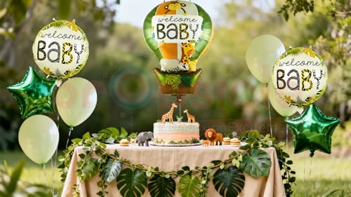 Image of Propsicle Jungle Safari Animal Theme Welcome Home Baby Hot Air Foil Balloons (Set of 5 pcs.) | Jungle Animal Theme Decorations for Baby Showers & Newborn Celebrations