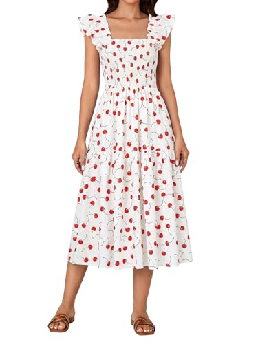 Image of Rooscier Women's A Line Smocked Midi Dress | Summer Sleeveless Square Neck Casual Sundress