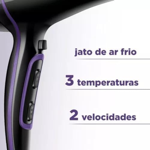 Secador De Cabelo Com Difusor Cachos Mondial Black Purple Tourmaline Ion 2000W - 220v