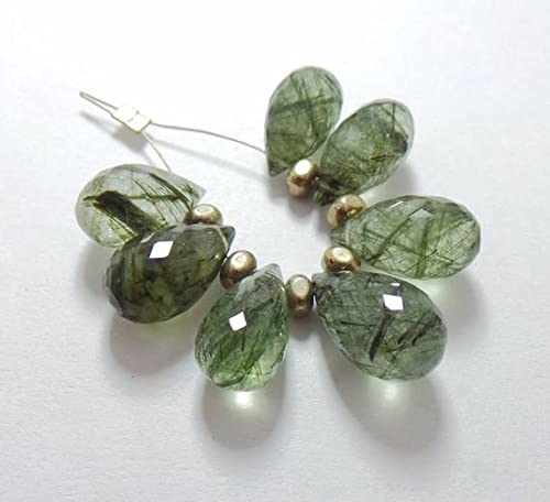 Quartz rutile vert en pierre naturelle : 7 perles larmes facettées pour une collection de gemmes