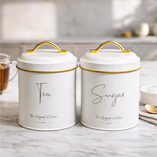 MARKET 99 Iron Tea & Sugar Jars Set of 2 (1100 ml Each) – White Matte Round Typographic Design Storage Containers with Lid for Tea, Coffee, Dry Snacks & Kitchen Essentials