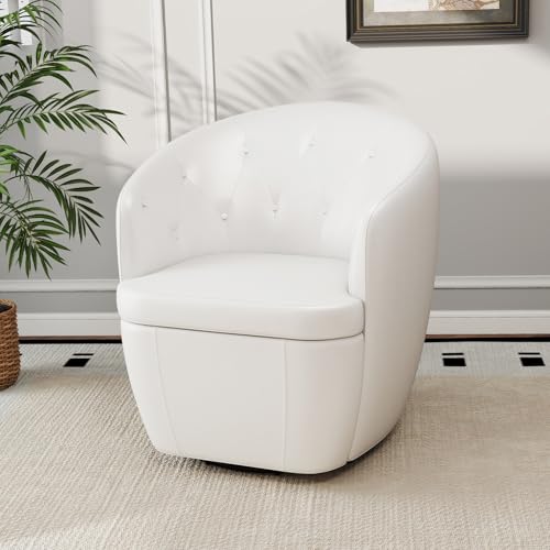 Image of 360 Swivel Leather Accent Chair, Modern Barrel Club Chair with Leather Upholstery and Sturdy Base, Comfortable Armchair for Living Room, Bedroom, Reading Nook, White