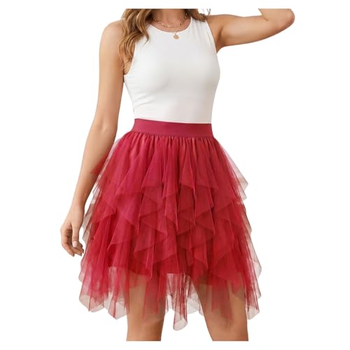 WERFORU Damen Tüllrock Midi Geschichtetes Mesh-Design Tüllrock Elastischer Taillenbund A-Linie Netzrock für Party Alltag und Festlichkeiten