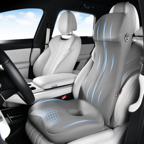 Coverado Memory Foam Car Seat Cushion and Lumbar Support Headrest Pillow, 2-in-1 Integrated Ergonomic Back Support Neck Pillow, Breathable Seat Cushion for Sciatica Back Tailbone Pain Relief, Gray by Coverado - Used condition - US$76.17