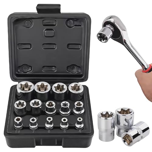 LEKEFETO Juego de 14 llaves de vaso Torx para exteriores de 1/2, 1/4, 3/8, Torx E E4-E24 de CR-V, juego de extractor de tuercas, juego de llaves de vaso en espiral